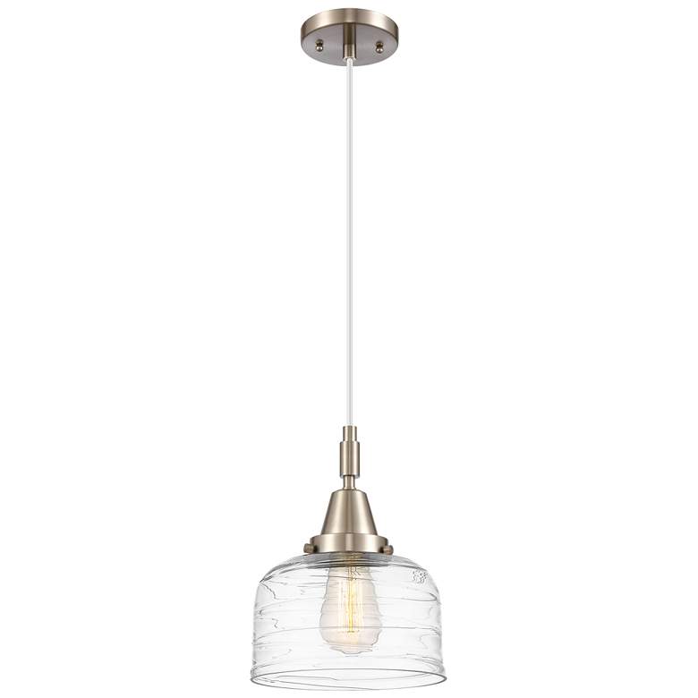 Image 1 Downtown Caden Bell 8"W Cord Satin Nickel Pendant w/ Clear Swirl Shade