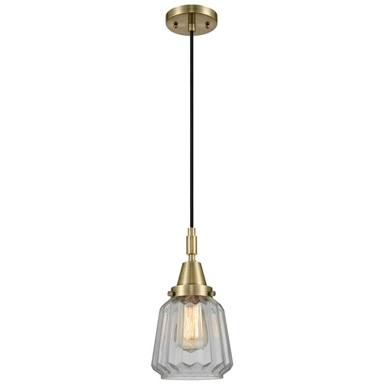 Image 1 Downtown Caden Chatham 7"W Cord Antique Brass Pendant w/ Clear Shade