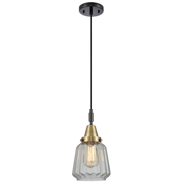 Image 1 Downtown Caden Chatham 7"W Cord Black Brass Pendant w/ Clear Shade