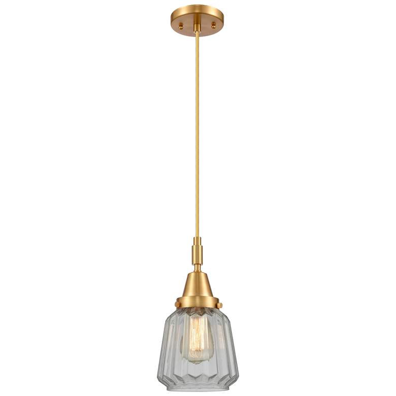 Image 1 Downtown Caden Chatham 7"W Cord Satin Gold Mini Pendant w/ Clear Shade