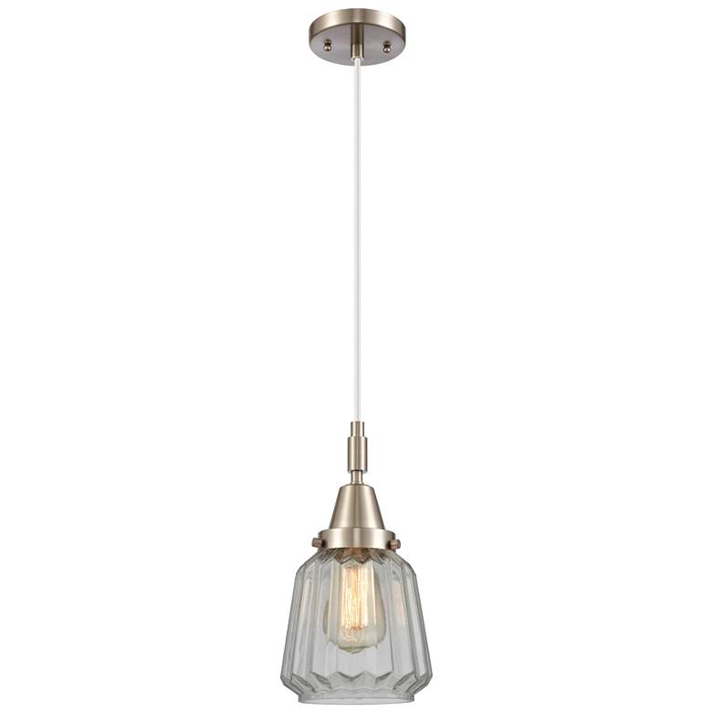 Image 1 Downtown Caden Chatham 7"W Cord Satin Nickel Pendant w/ Clear Shade