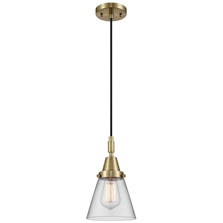 Image 1 Downtown Caden Cone 6"W Cord Antique Brass Mini Pendant w/ Clear Shade