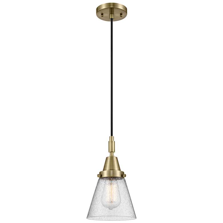 Image 1 Downtown Caden Cone 6"W Cord Antique Brass Mini Pendant w/ Seedy Shade