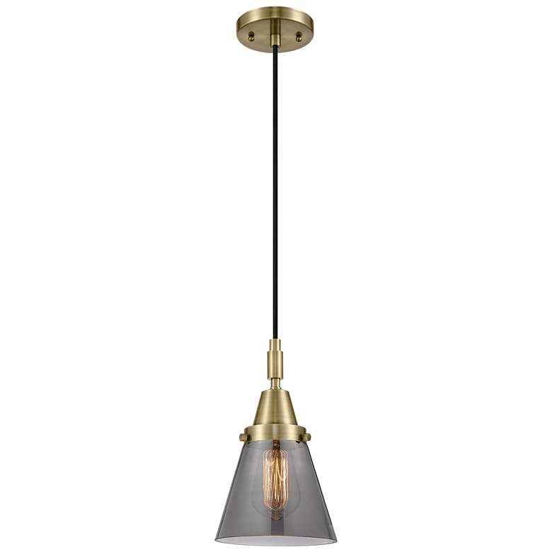 Image 1 Downtown Caden Cone 6"W Cord Antique Brass Pendant w/ Light Smoke Shade