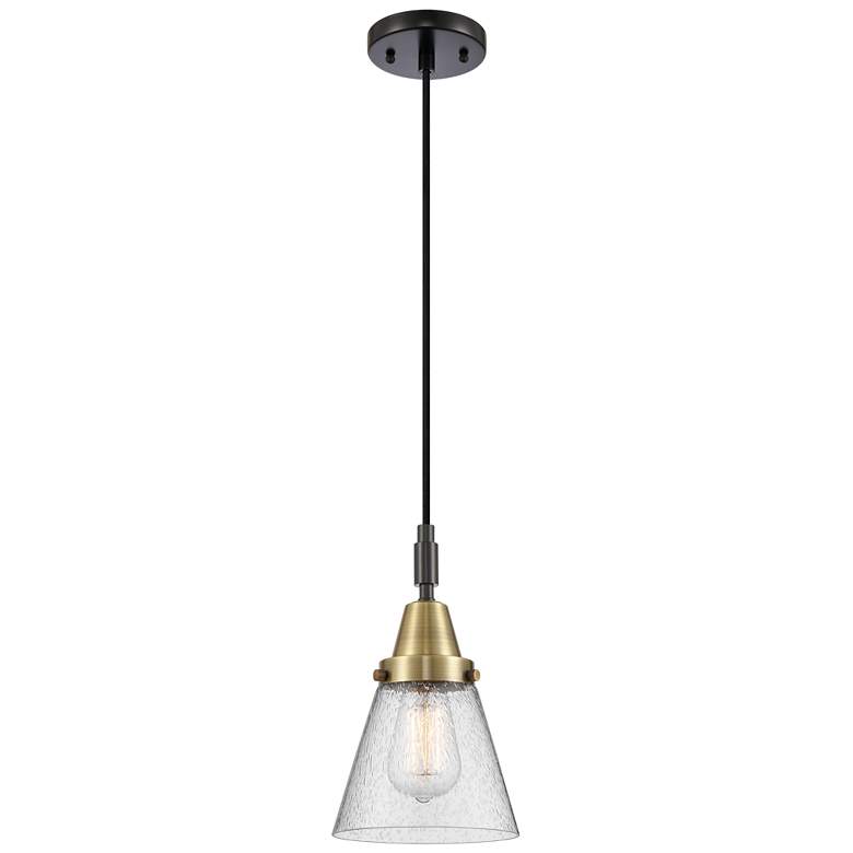 Image 1 Downtown Caden Cone 6"W Cord Black Brass Mini Pendant w/ Seedy Shade