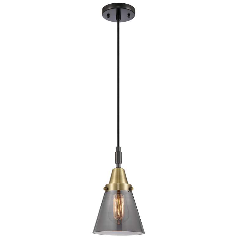 Image 1 Downtown Caden Cone 6"W Cord Black Brass Pendant w/ Light Smoke Shade
