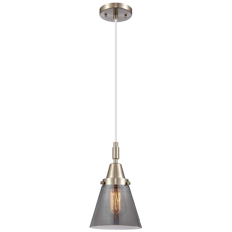 Image 1 Downtown Caden Cone 6"W Cord Satin Nickel Pendant w/ Light Smoke Shade