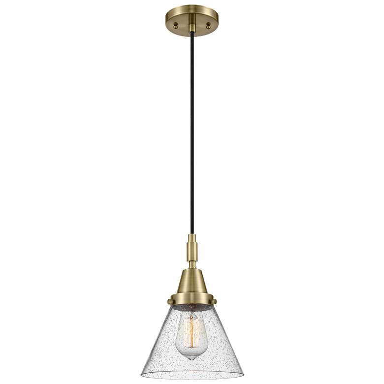 Image 1 Downtown Caden Cone 8"W Cord Antique Brass Mini Pendant w/ Seedy Shade