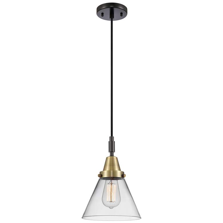 Image 1 Downtown Caden Cone 8"W Cord Black Brass Mini Pendant w/ Clear Shade