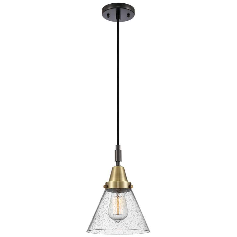 Image 1 Downtown Caden Cone 8"W Cord Black Brass Mini Pendant w/ Seedy Shade
