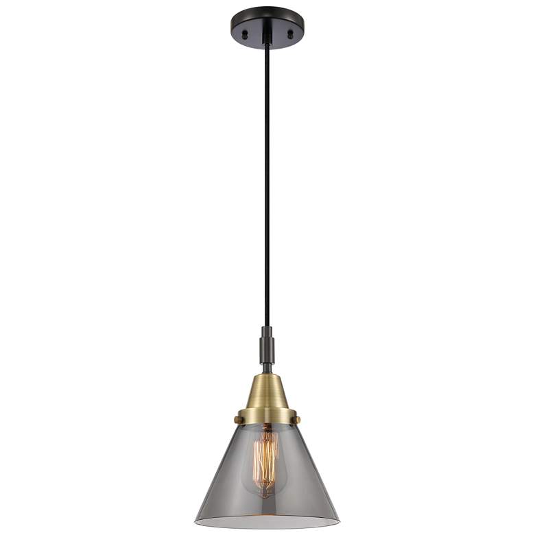 Image 1 Downtown Caden Cone 8"W Cord Black Brass Pendant w/ Light Smoke Shade