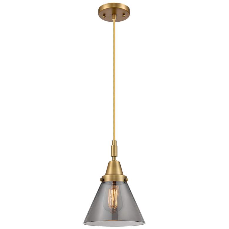 Image 1 Downtown Caden Cone 8"W Cord Brass Mini Pendant w/ Light Smoke Shade