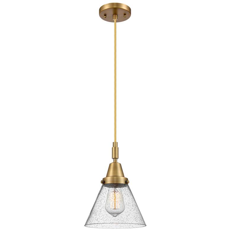 Image 1 Downtown Caden Cone 8"W Cord Brushed Brass Mini Pendant w/ Seedy Shade