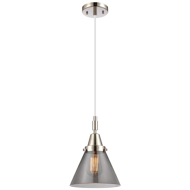 Image 1 Downtown Caden Cone 8"W Cord Nickel Mini Pendant w/ Light Smoke Shade