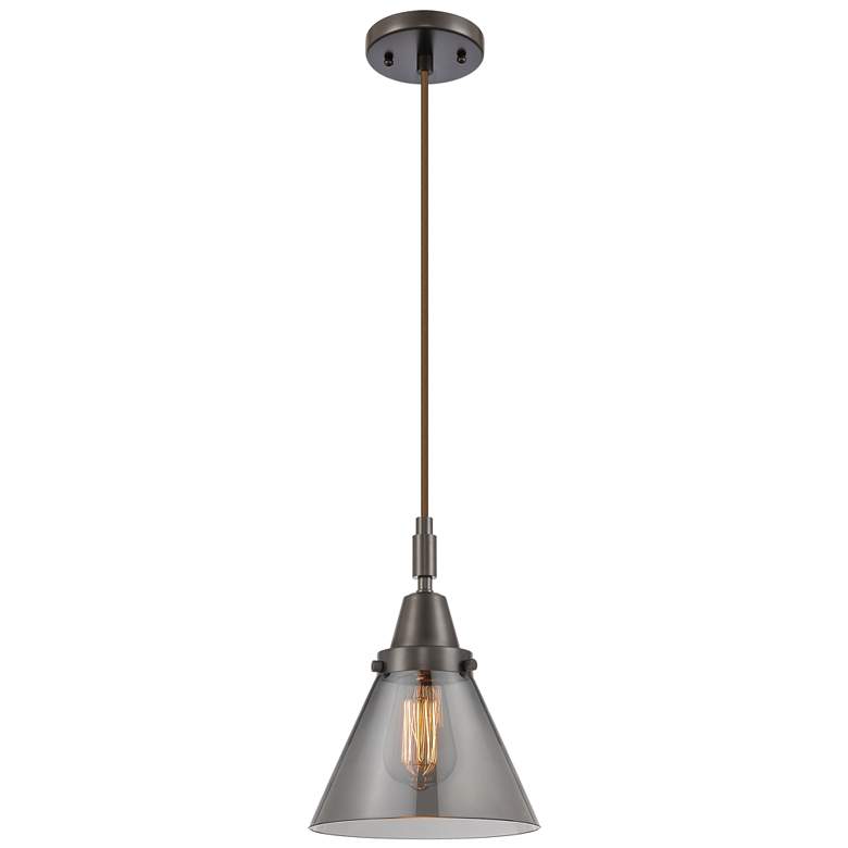 Image 1 Downtown Caden Cone 8"W Cord Oiled Bronze Pendant w/ Light Smoke Shade