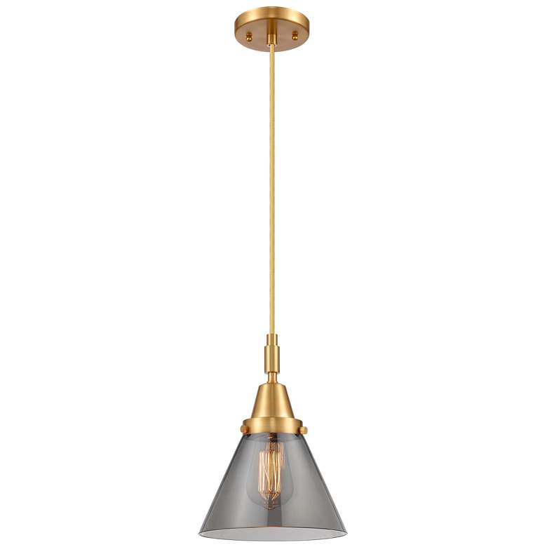 Image 1 Downtown Caden Cone 8"W Cord Satin Gold Pendant w/ Light Smoke Shade