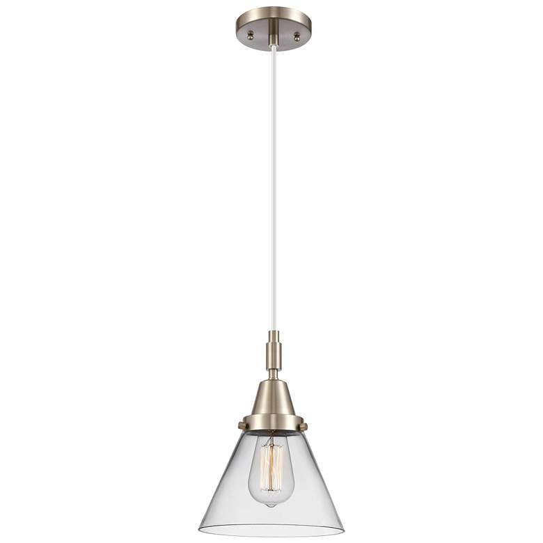 Image 1 Downtown Caden Cone 8"W Cord Satin Nickel Mini Pendant w/ Clear Shade