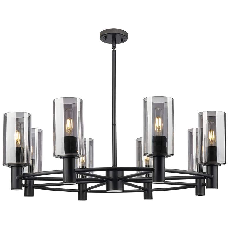 Image 1 Downtown Crown Point 32"W 8 Light Black Chandelier w/ Light Smoke Shade
