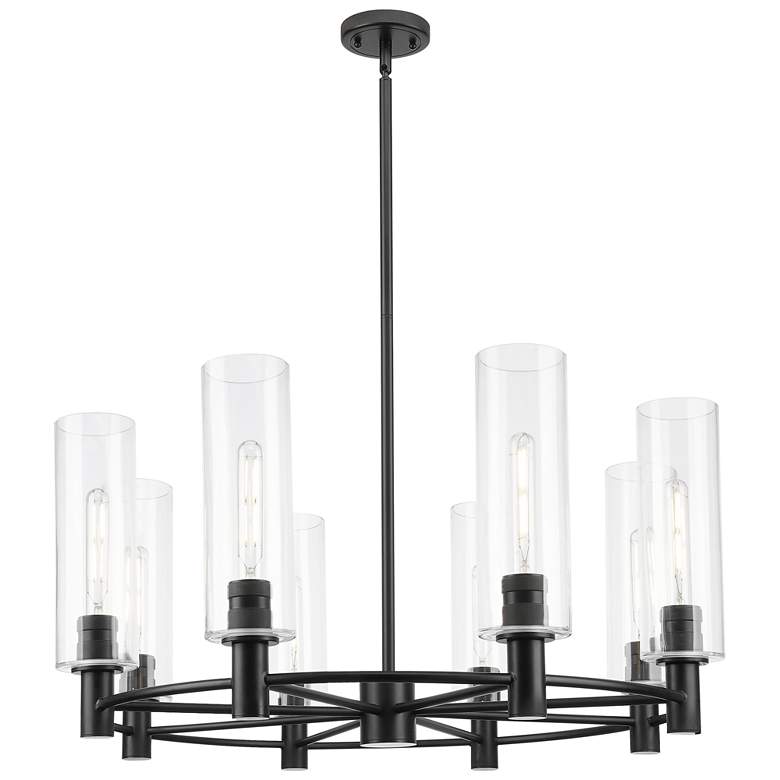 Image 1 Downtown Crown Point 32"W 8 Light Stem Black Chandelier w/ Clear Shade