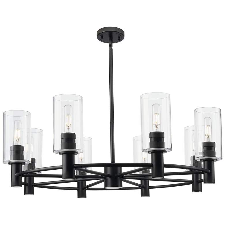 Image 1 Downtown Crown Point 32"W 8 Light Stem Black Chandelier w/ Clear Shade