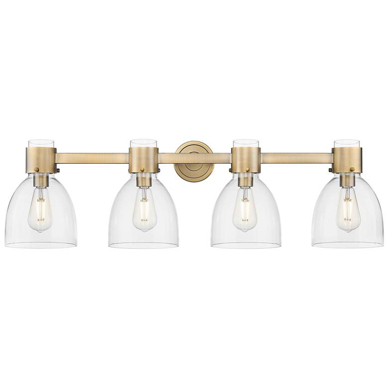 Image 1 Downtown Lawton Bell 34"W 4 Light Brass Vanity Light w/ Clear Shade