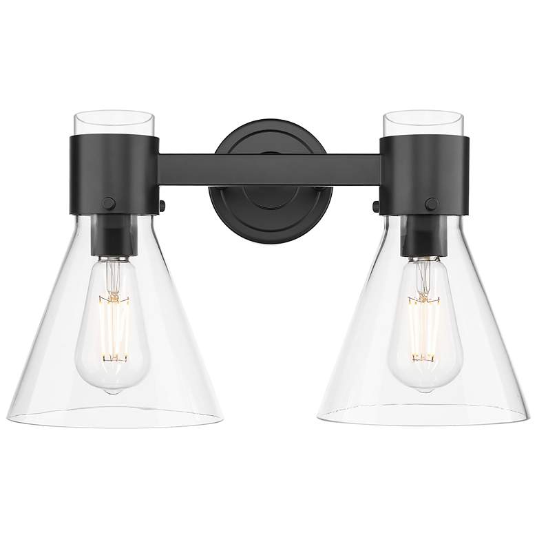Image 1 Downtown Lawton Cone 16"W 2 Light Black Vanity Light w/ Clear Shade