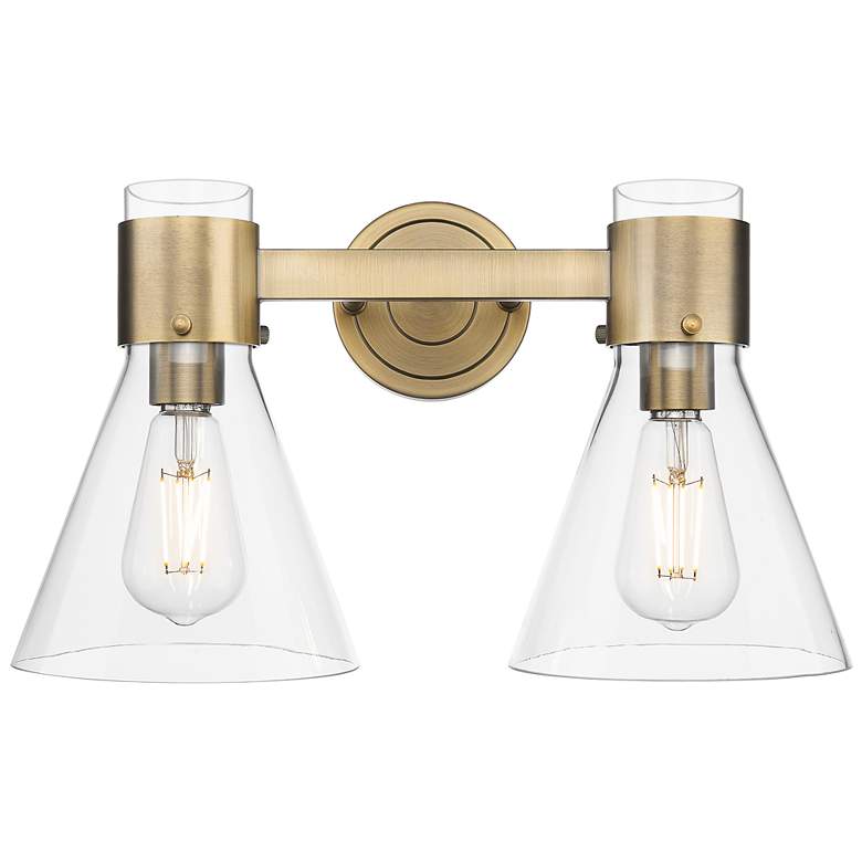 Image 1 Downtown Lawton Cone 16"W 2 Light Brass Vanity Light w/ Clear Shade