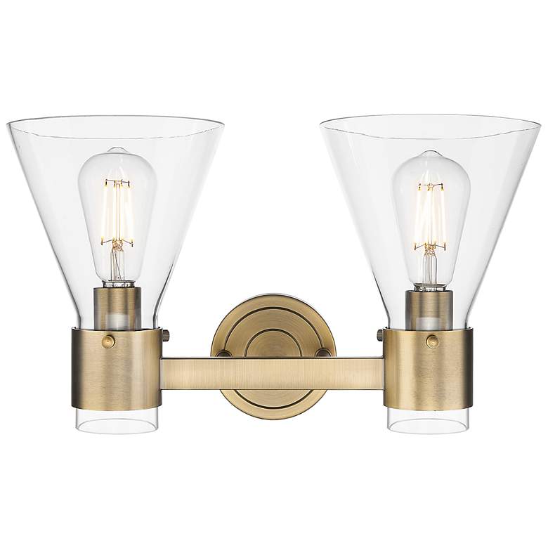 Image 2 Downtown Lawton Cone 16"W 2 Light Brass Vanity Light w/ Clear Shade more views
