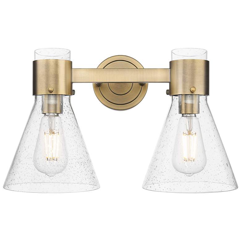 Image 1 Downtown Lawton Cone 16"W 2 Light Brass Vanity Light w/ Seedy Shade