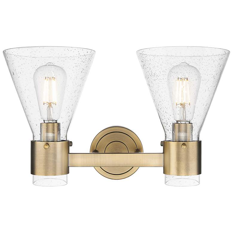 Image 2 Downtown Lawton Cone 16"W 2 Light Brass Vanity Light w/ Seedy Shade more views