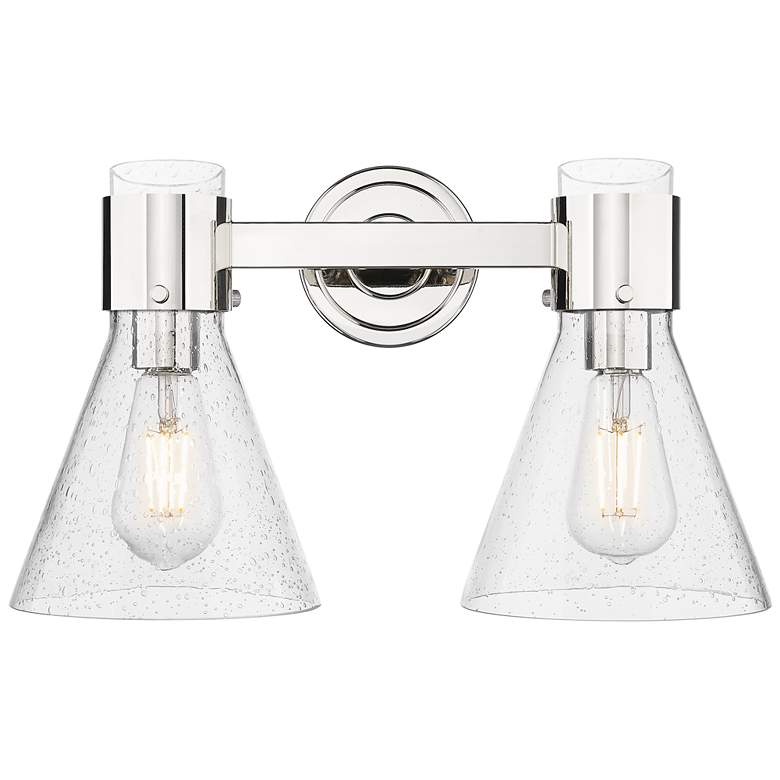 Image 1 Downtown Lawton Cone 16"W 2 Light Nickel Vanity Light w/ Seedy Shade