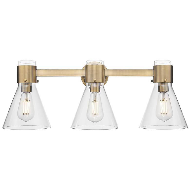 Image 1 Downtown Lawton Cone 24"W 3 Light Brass Vanity Light w/ Clear Shade
