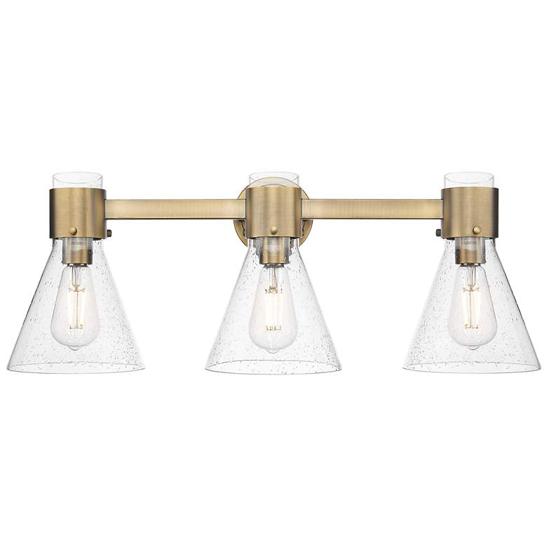 Image 1 Downtown Lawton Cone 24"W 3 Light Brass Vanity Light w/ Seedy Shade