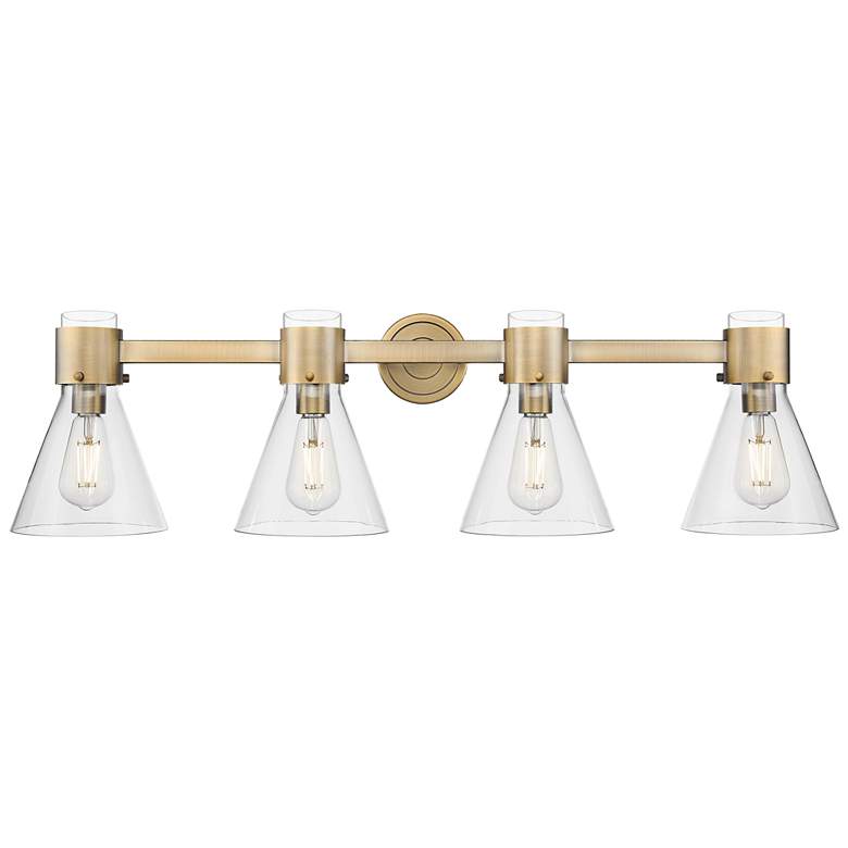Image 1 Downtown Lawton Cone 34"W 4 Light Brass Vanity Light w/ Clear Shade