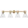 1_Downtown Lawton Cone 34"W 4 Light Brass Vanity Light w/ Clear Shade