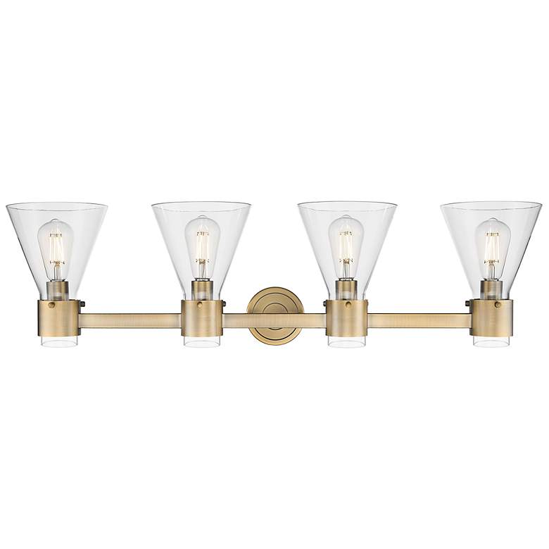 Image 2 Downtown Lawton Cone 34"W 4 Light Brass Vanity Light w/ Clear Shade more views