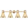 1_Downtown Lawton Cone 34"W 4 Light Brass Vanity Light w/ Mercury Shade