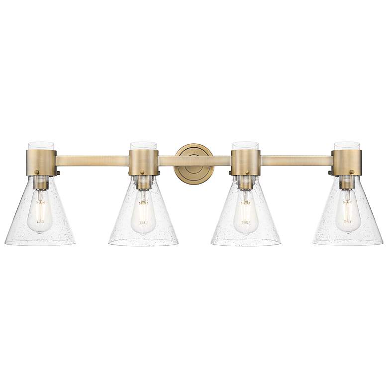Image 1 Downtown Lawton Cone 34"W 4 Light Brass Vanity Light w/ Seedy Shade
