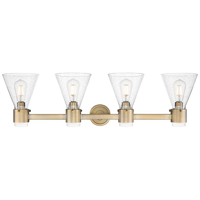 Image 2 Downtown Lawton Cone 34"W 4 Light Brass Vanity Light w/ Seedy Shade more views