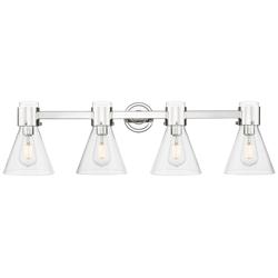 Downtown Lawton Cone 34"W 4 Light Nickel Vanity Light w/ Clear Shade