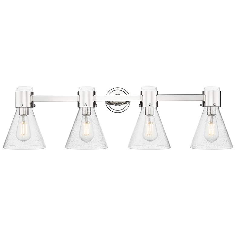 Image 1 Downtown Lawton Cone 34"W 4 Light Nickel Vanity Light w/ Seedy Shade
