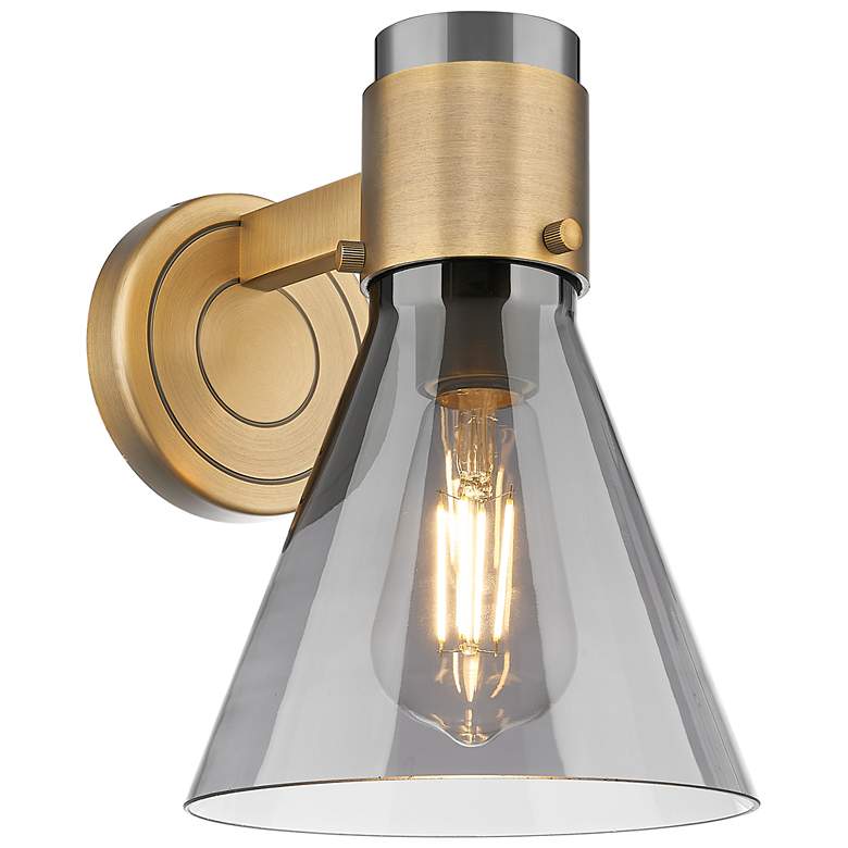 Image 1 Downtown Lawton Cone 9 "H Brass Wall Sconce w/ Light Smoke Shade