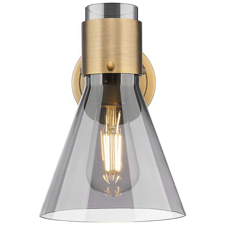 Image 2 Downtown Lawton Cone 9 "H Brass Wall Sconce w/ Light Smoke Shade more views