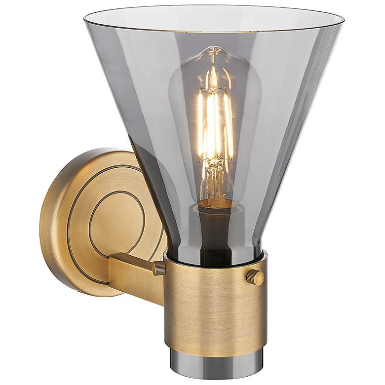 Image 3 Downtown Lawton Cone 9 "H Brass Wall Sconce w/ Light Smoke Shade more views