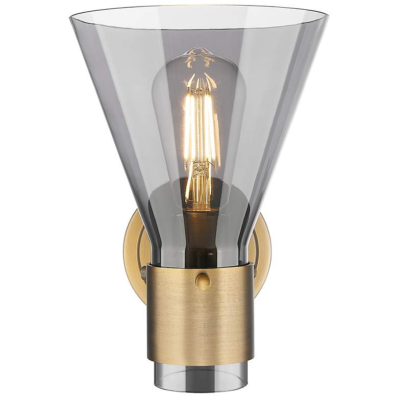 Image 4 Downtown Lawton Cone 9 "H Brass Wall Sconce w/ Light Smoke Shade more views
