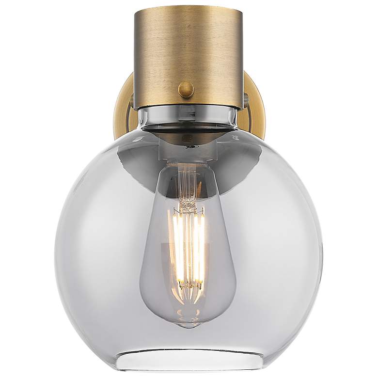 Image 2 Downtown Lawton Sphere 9 "H Brass Wall Sconce w/ Light Smoke Shade more views