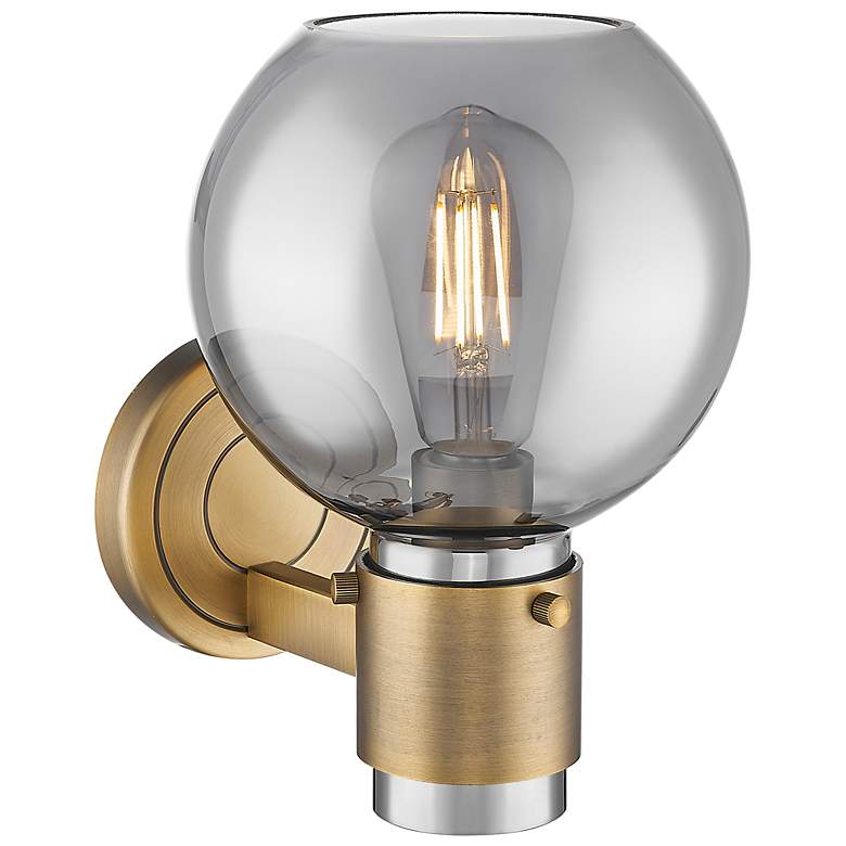 Image 3 Downtown Lawton Sphere 9 "H Brass Wall Sconce w/ Light Smoke Shade more views