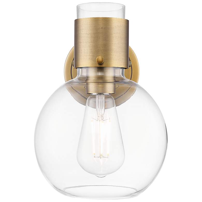 Image 2 Downtown Lawton Sphere 9 "H Brushed Brass Wall Sconce w/ Clear Shade more views