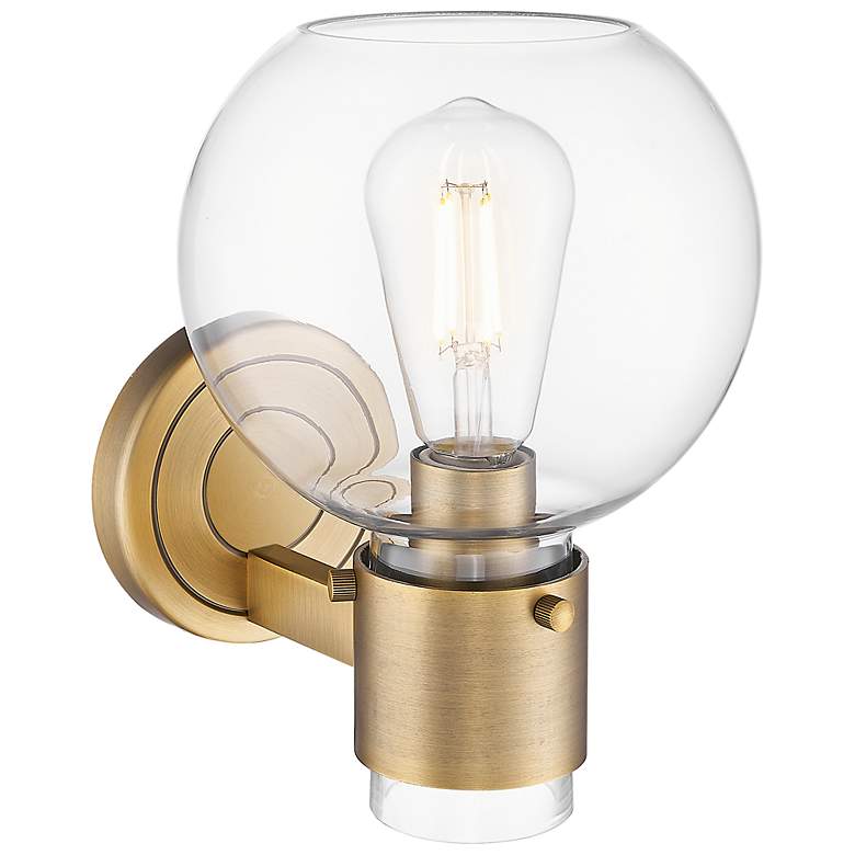 Image 3 Downtown Lawton Sphere 9 "H Brushed Brass Wall Sconce w/ Clear Shade more views
