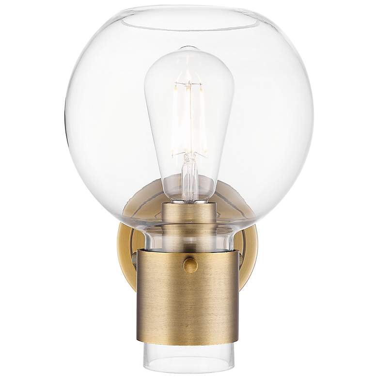 Image 4 Downtown Lawton Sphere 9 "H Brushed Brass Wall Sconce w/ Clear Shade more views